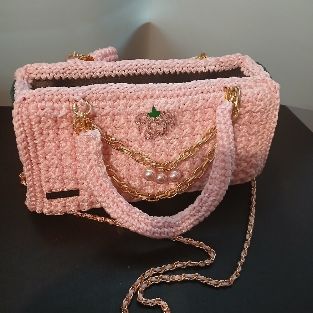 Pink Crochet Handbag with Gold Chain